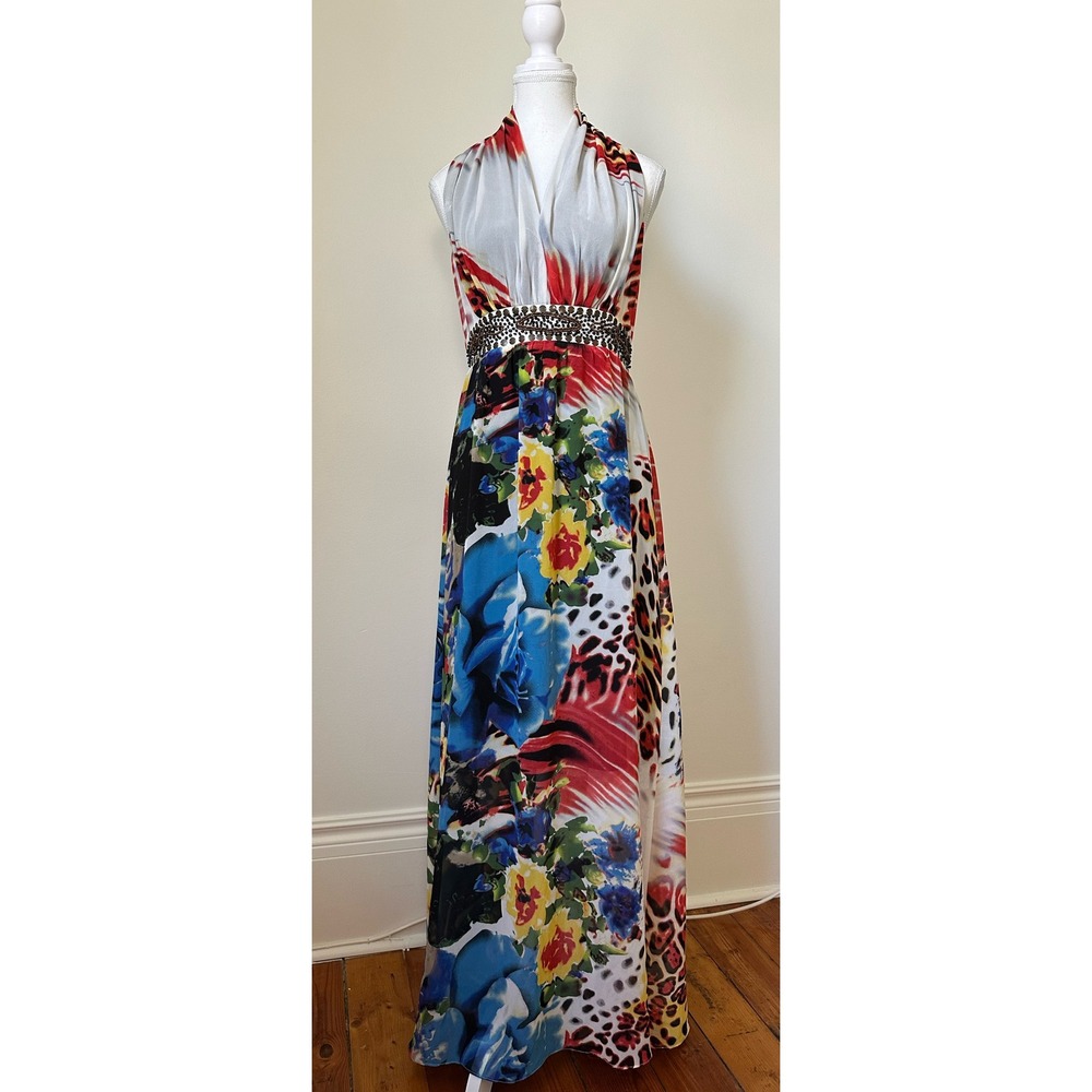 MINKAS Floral Beaded Halter Neck Vacation Y2K Maxi‎ Dress Size L